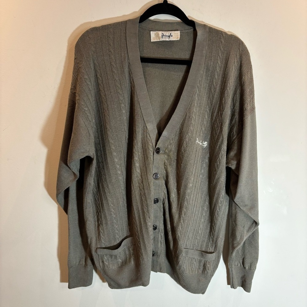 PRINGLE OF SCOTLAND Sz XL Washable 100% Wool Grandpacore Cable Knit Cardigan